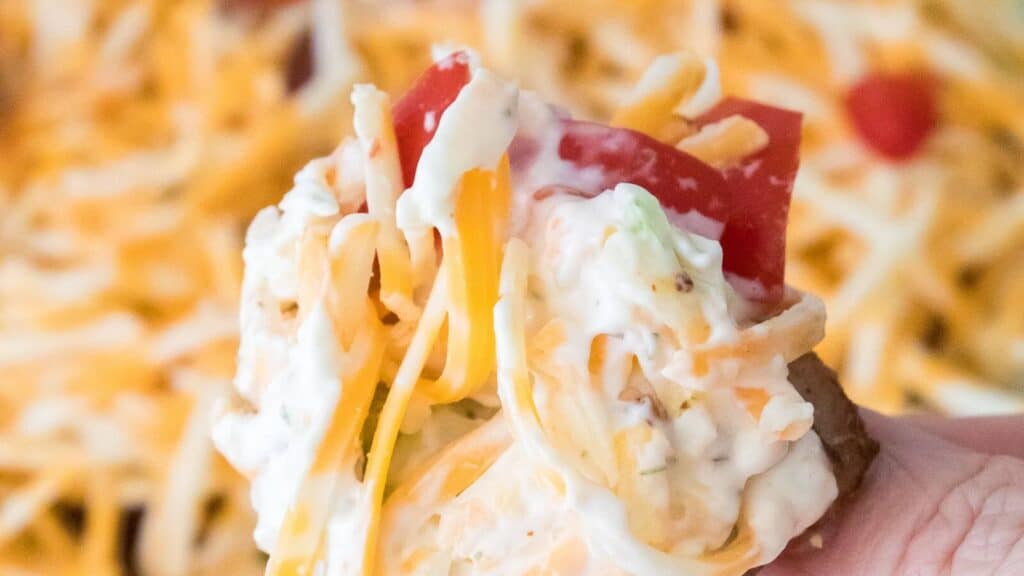 A hand holding a loaded potato skin topped with shredded cheese, sour cream, and a slice of tomato.