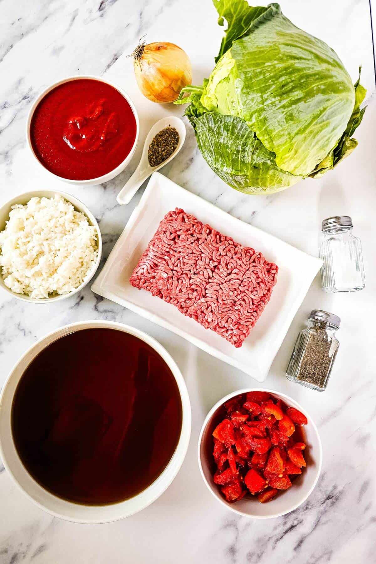 Ingredients on a marble surface: ground meat, cabbage, white rice, chopped tomatoes, tomato sauce, onion, seasoning spices, salt, and pepper.