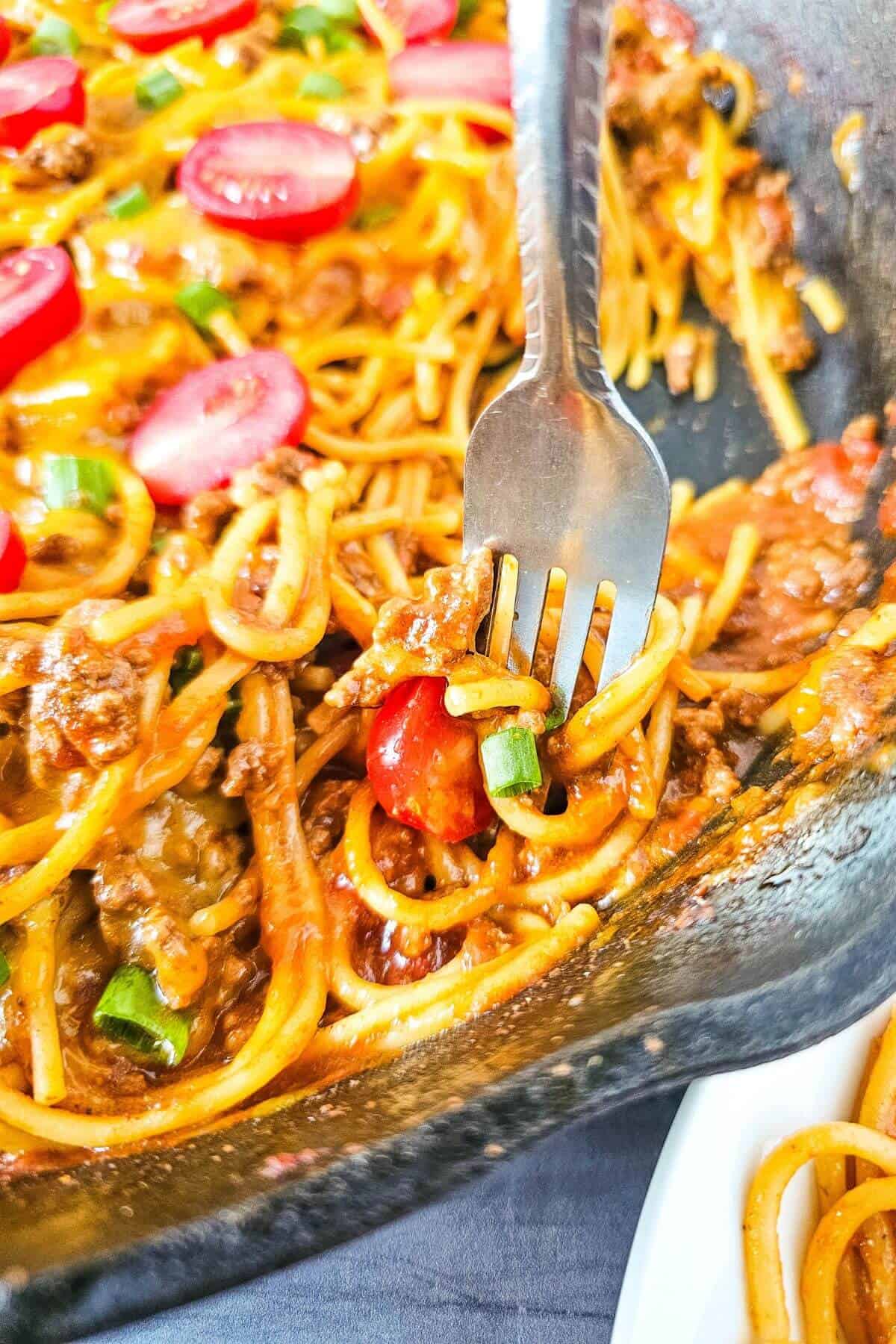 A dish of spaghetti with minced meat, cherry tomatoes, and green onions, with a fork twirling some pasta.
