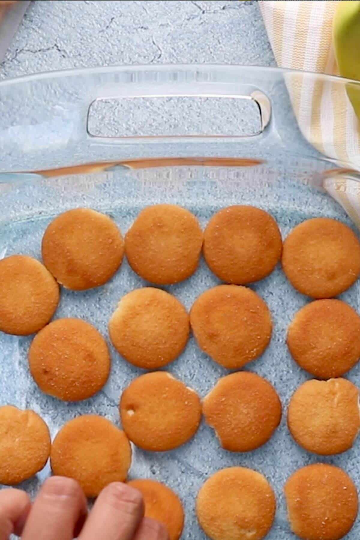 A glass baking dish filled with neatly arranged round vanilla wafers on a textured blue surface. A hand is reaching in from the bottom left corner.