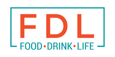Logo with bold orange letters "FDL" inside a teal rectangle, followed by smaller text "FOOD • DRINK • LIFE" beneath it.