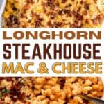 Baked mac and cheese topped with crispy bacon bits in a white dish.