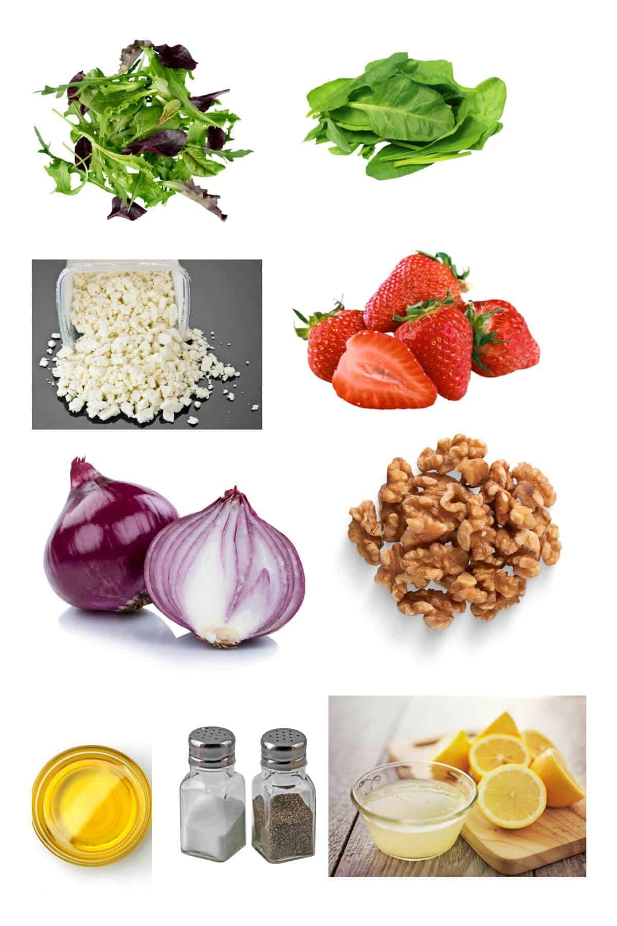 A collage of salad greens, spinach, feta cheese, strawberries, red onions, walnuts, olive oil, salt and pepper shakers, and lemon juice.