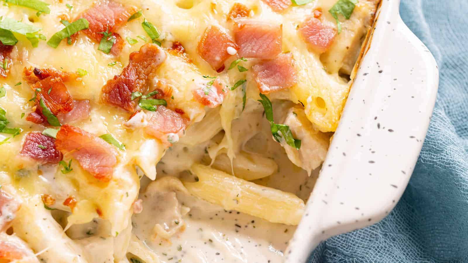 Chicken bacon ranch casserole in baking dish.