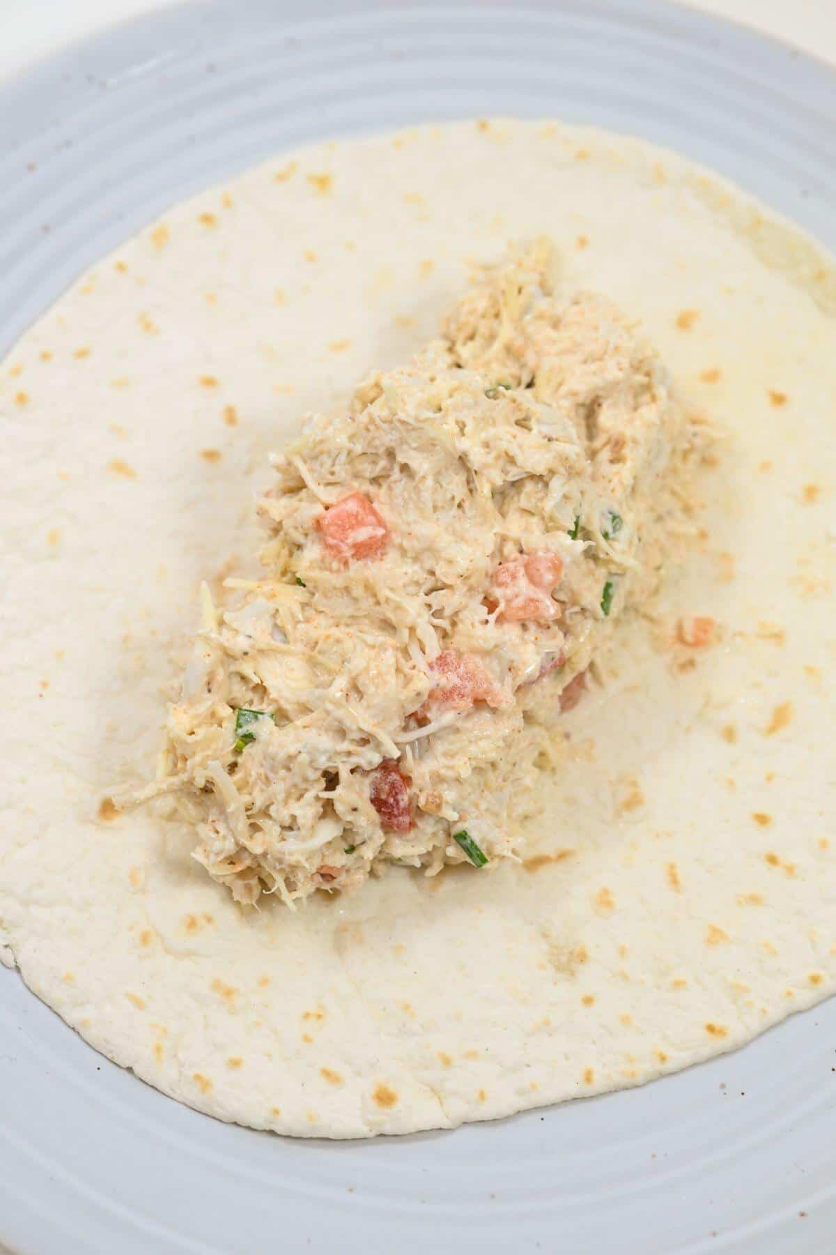A flour tortilla with a chicken and vegetable filling on a plate.