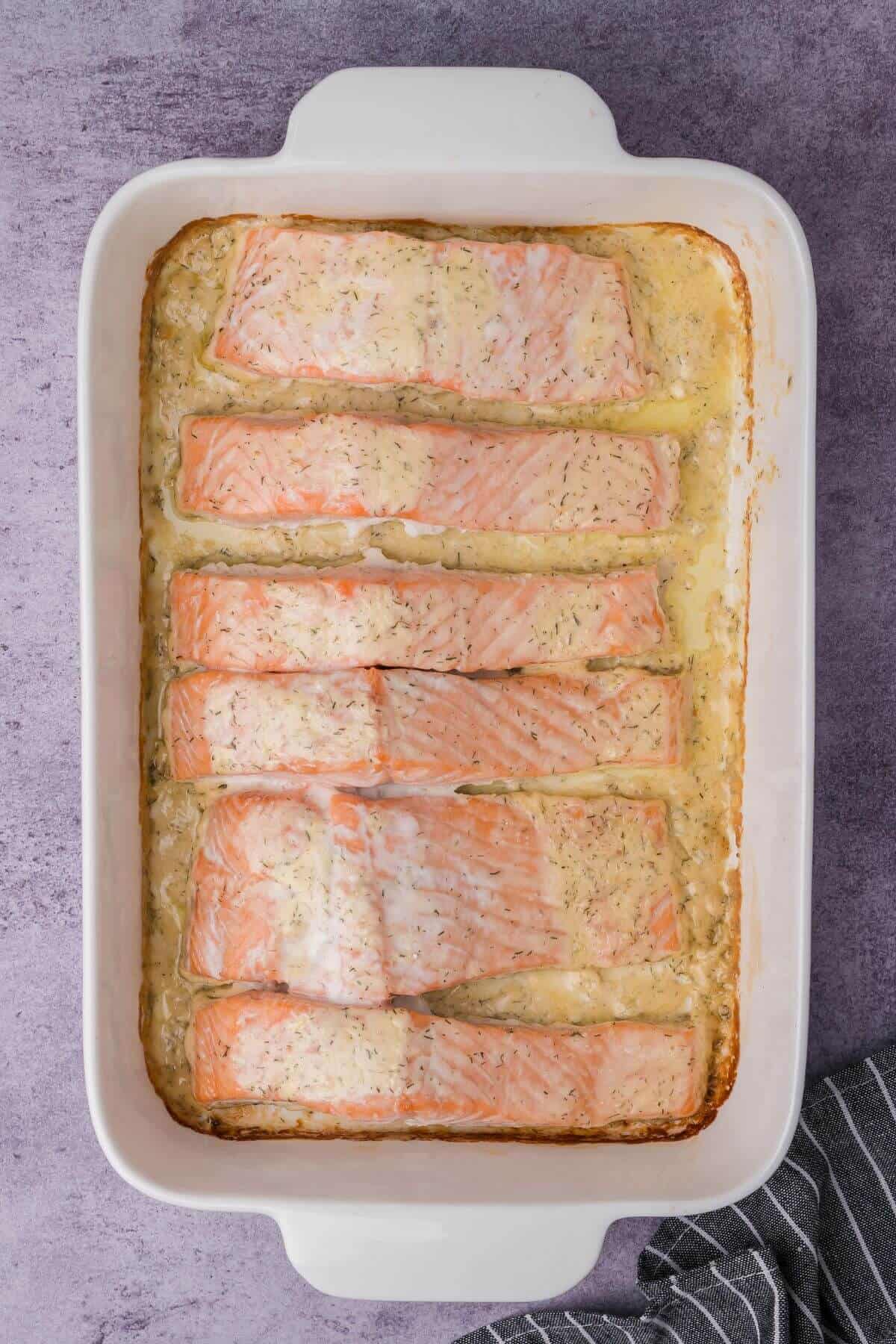 Baked salmon fillets in a white rectangular dish with a creamy sauce.