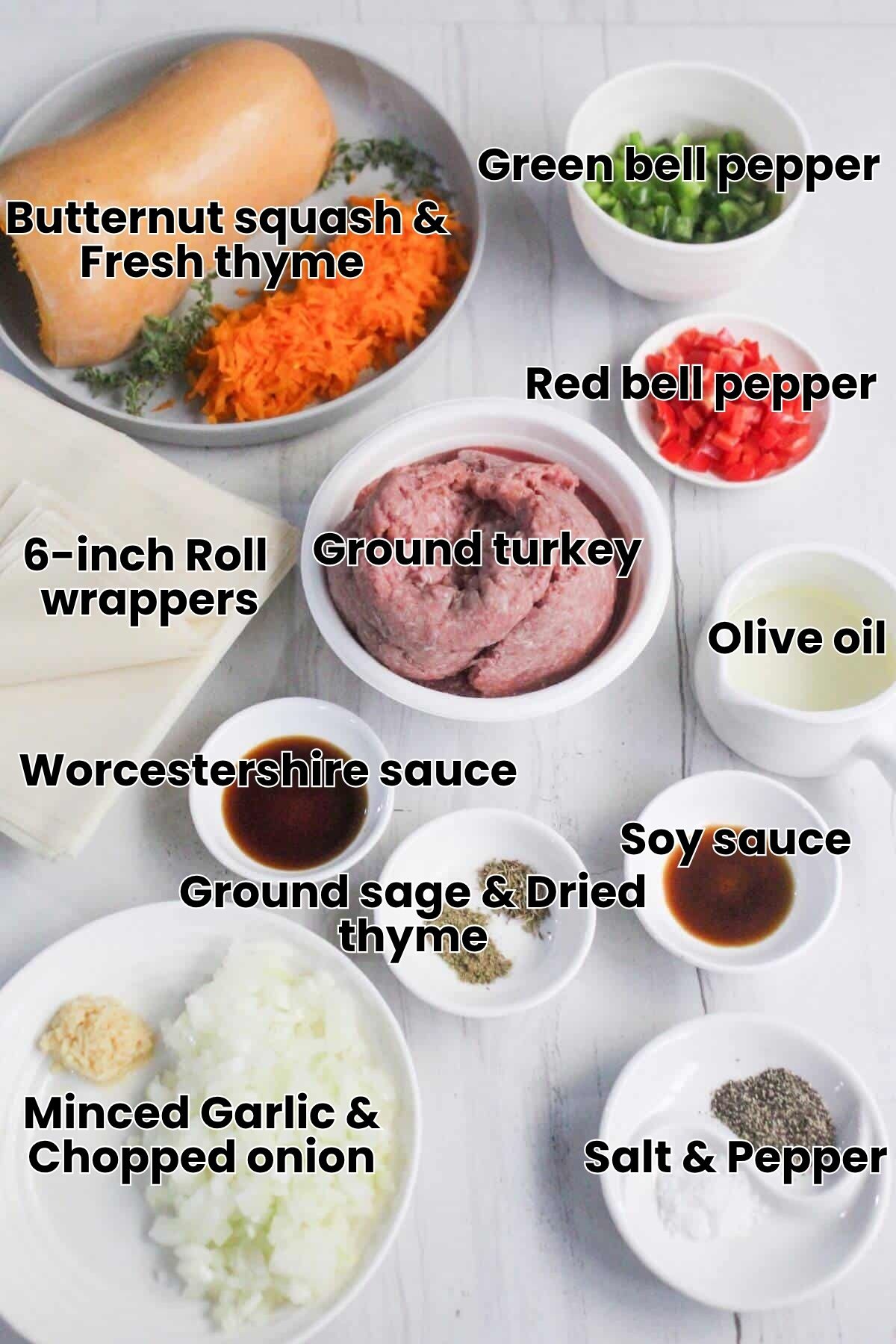 A flat lay of ingredients on a white surface includes ground meat, diced vegetables, seasonings, soy sauce, oil, and spring roll wrappers.