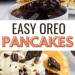Stack of Oreo pancakes topped with chocolate sauce and whipped cream, garnished with Oreo pieces; text reads "Easy Oreo Pancakes.