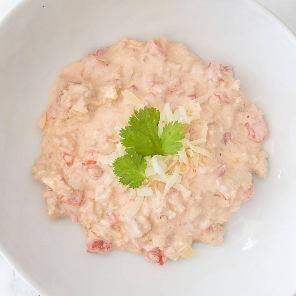 A bowl of creamy dip with diced tomatoes, shredded cheese, and cilantro garnish, served on a white plate.