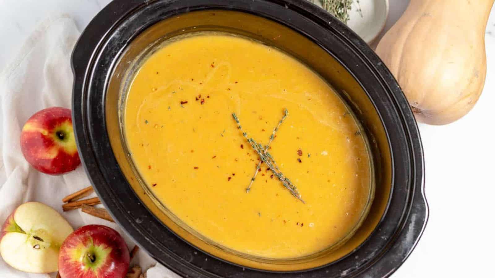 A crock of butternut soup.