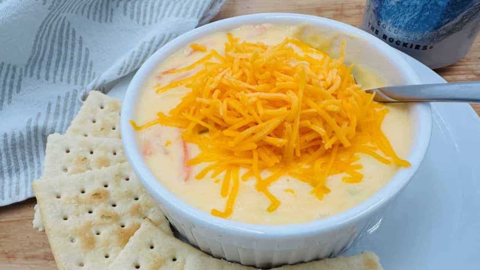 A bowl of cheese soup with crackers on a plate.