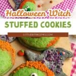 Green Halloween cookies decorated as witches with candy eyes, colorful sprinkles, and cookie hats are displayed on wooden boards and a pink checkered cloth.