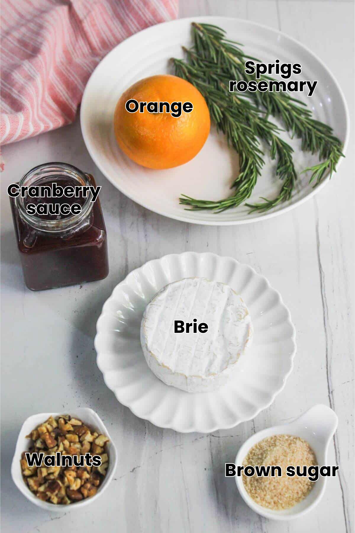 A plate with fresh rosemary and an orange, a jar of jam, a wheel of cheese, chopped nuts, and breadcrumbs arranged on a white surface.
