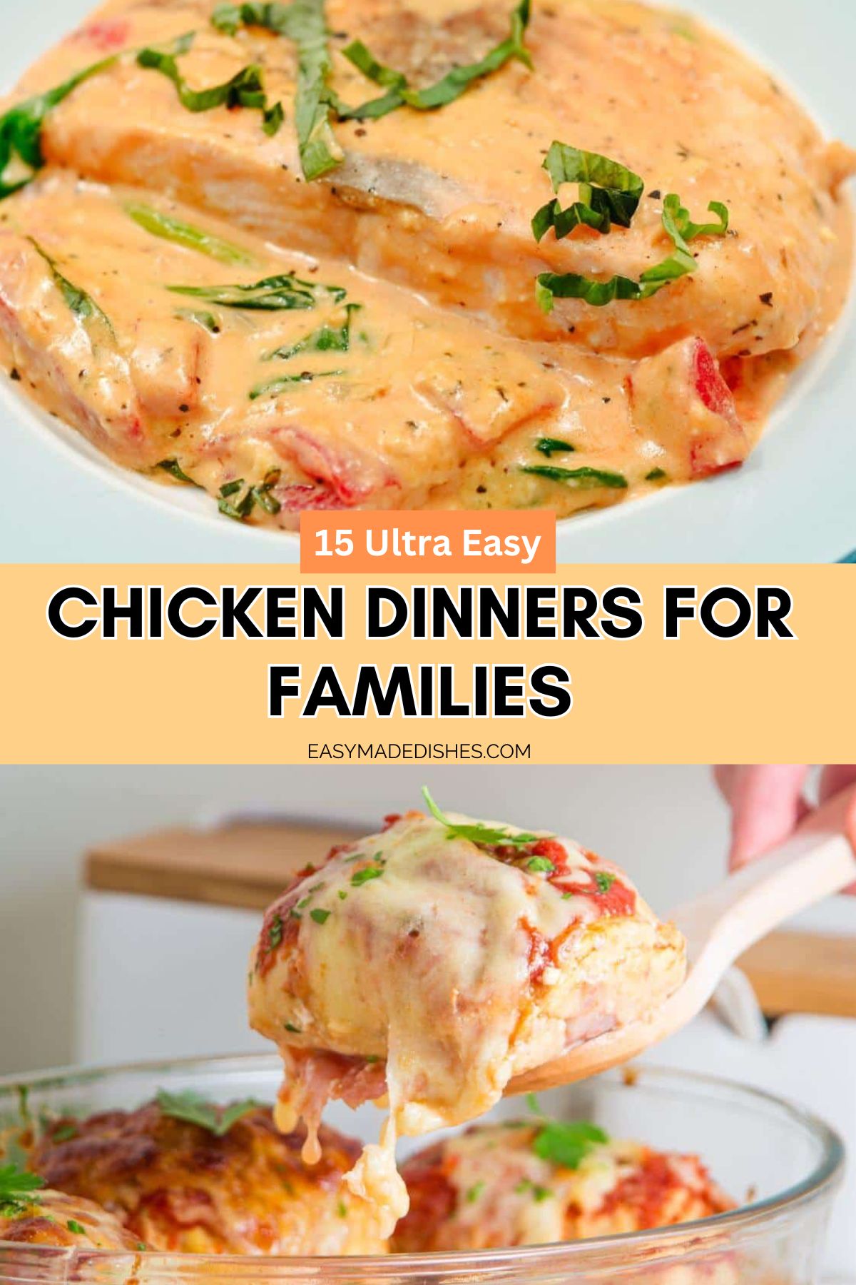 Two images of chicken dinners in cheesy and cream sauce with text between the images.