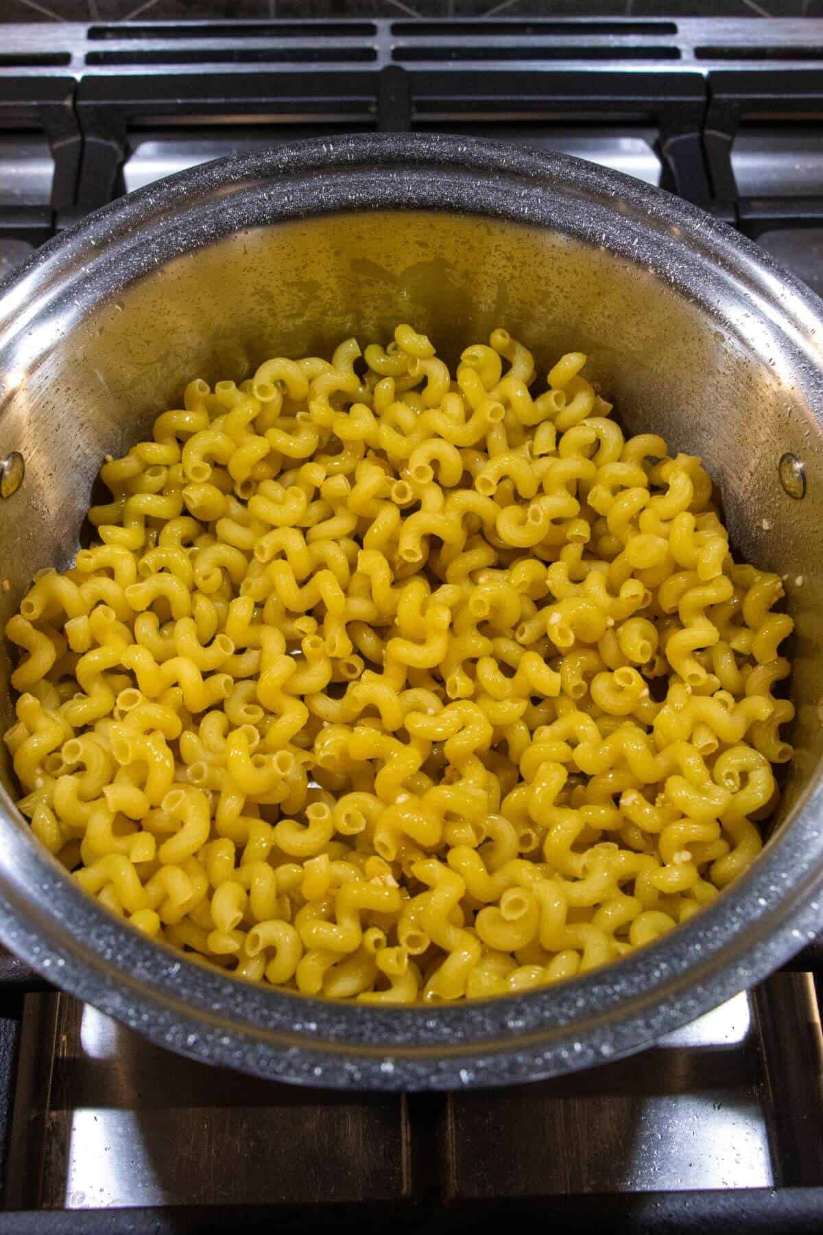 A stainless steel pot filled with cooked cavatappi pasta sits on a stovetop.
