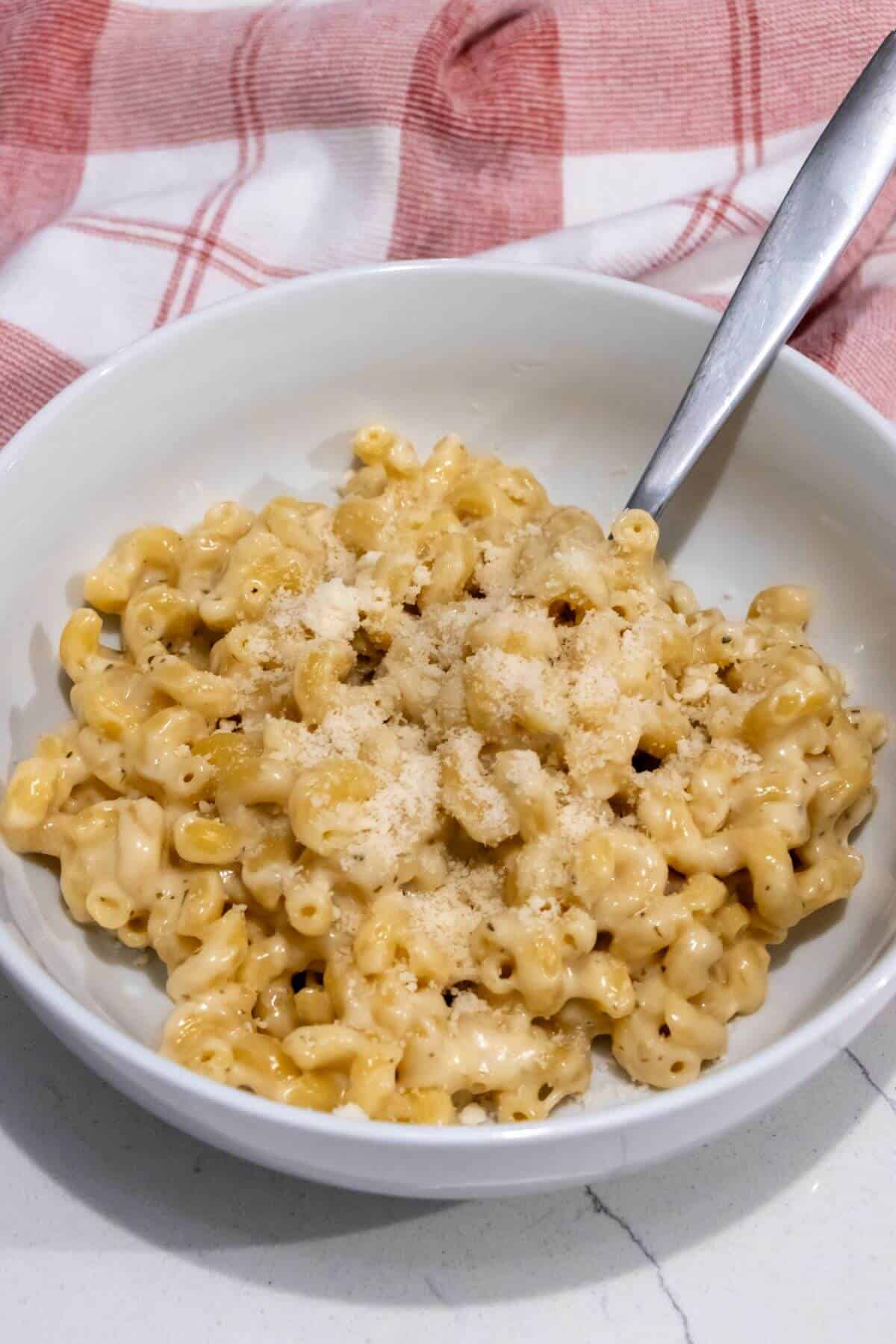 A bowl of macaroni and cheese.