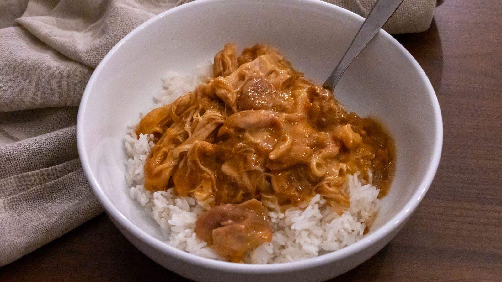 A white bowl filled with white rice topped with shredded meat in a brown sauce, with a spoon resting inside.