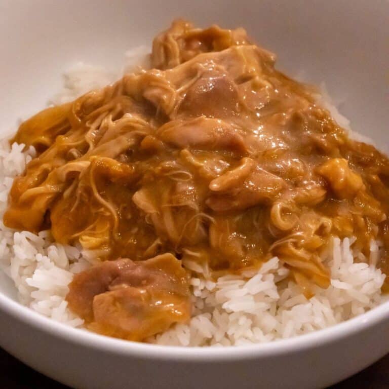 A bowl of white rice topped with a creamy, orange-brown stew containing chunks of meat.