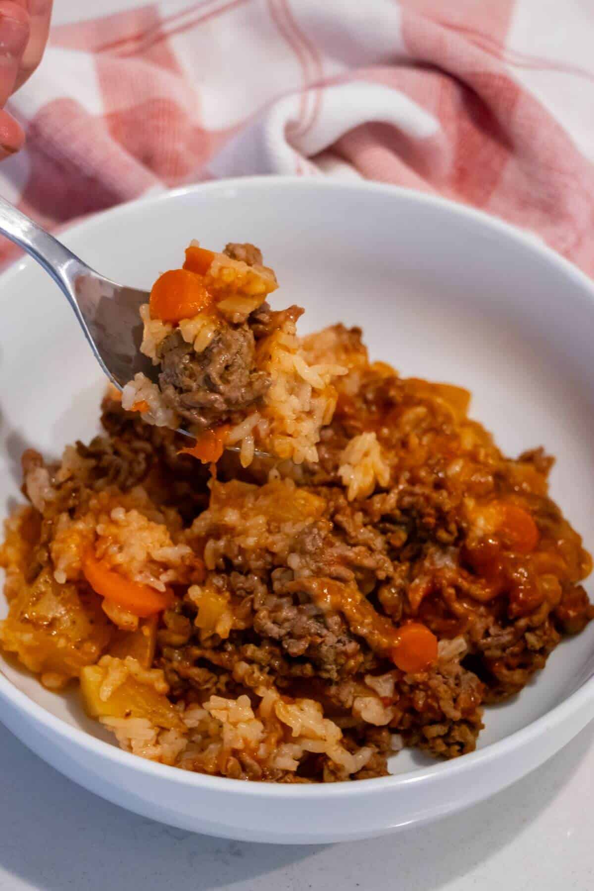 A white bowl of rice topped with ground beef, sliced carrots, and sauce, with a fork lifting a portion; a red-and-white cloth is in the background.