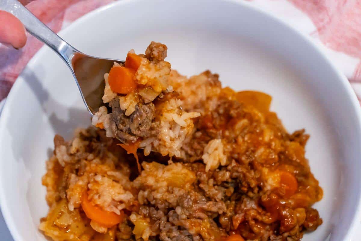 A close-up of a fork holding a bite of rice, ground beef, carrots, and sauce above a white bowl filled with the same dish.