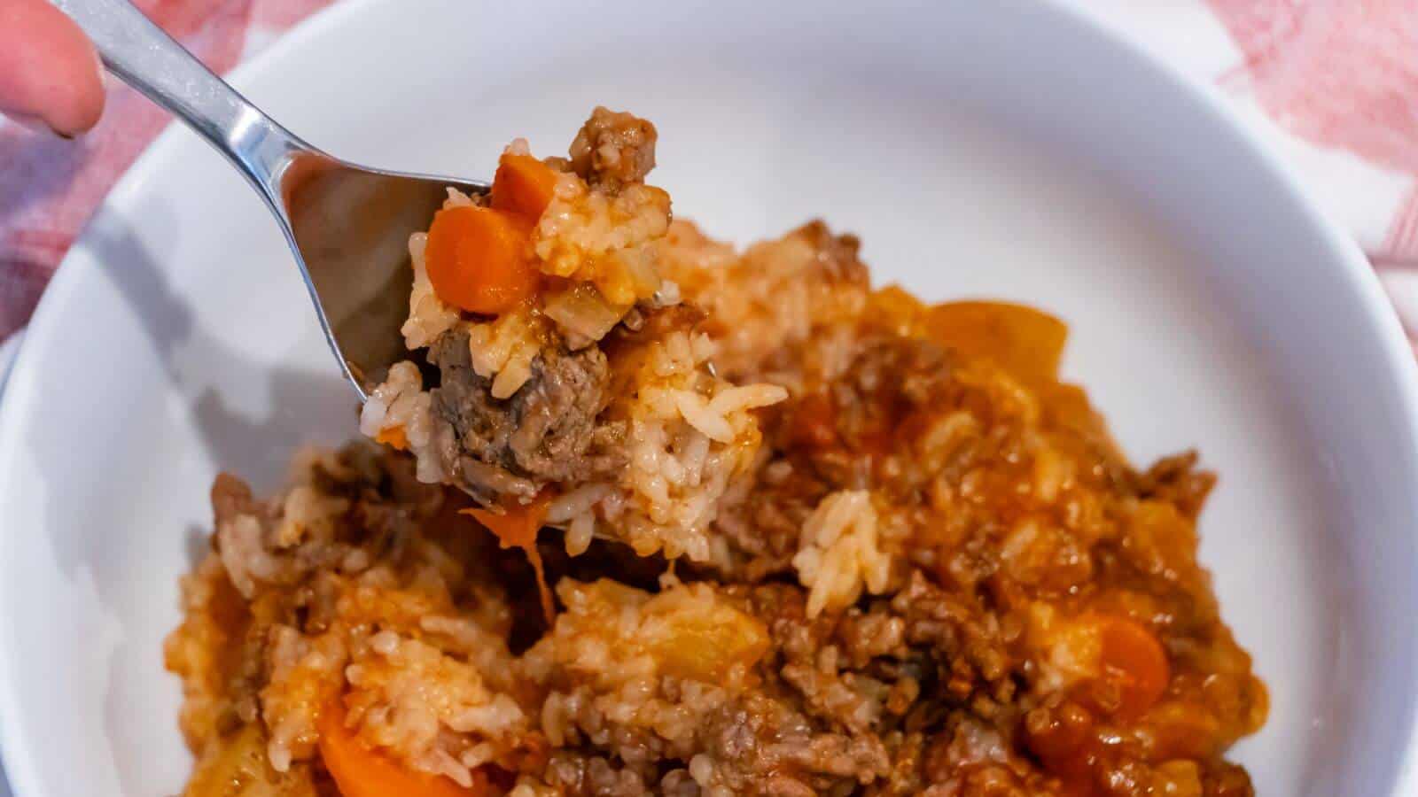 A fork lifting a bite of rice, ground meat, carrots, and sauce from a white bowl.