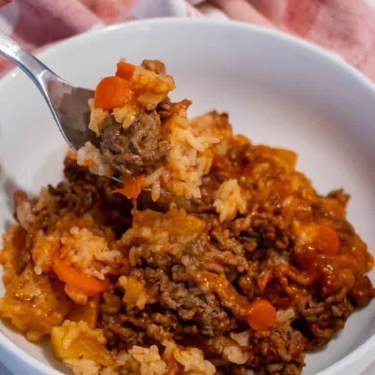 A bowl of rice mixed with ground beef, carrots, and tomato sauce; a fork holds a bite above the bowl.