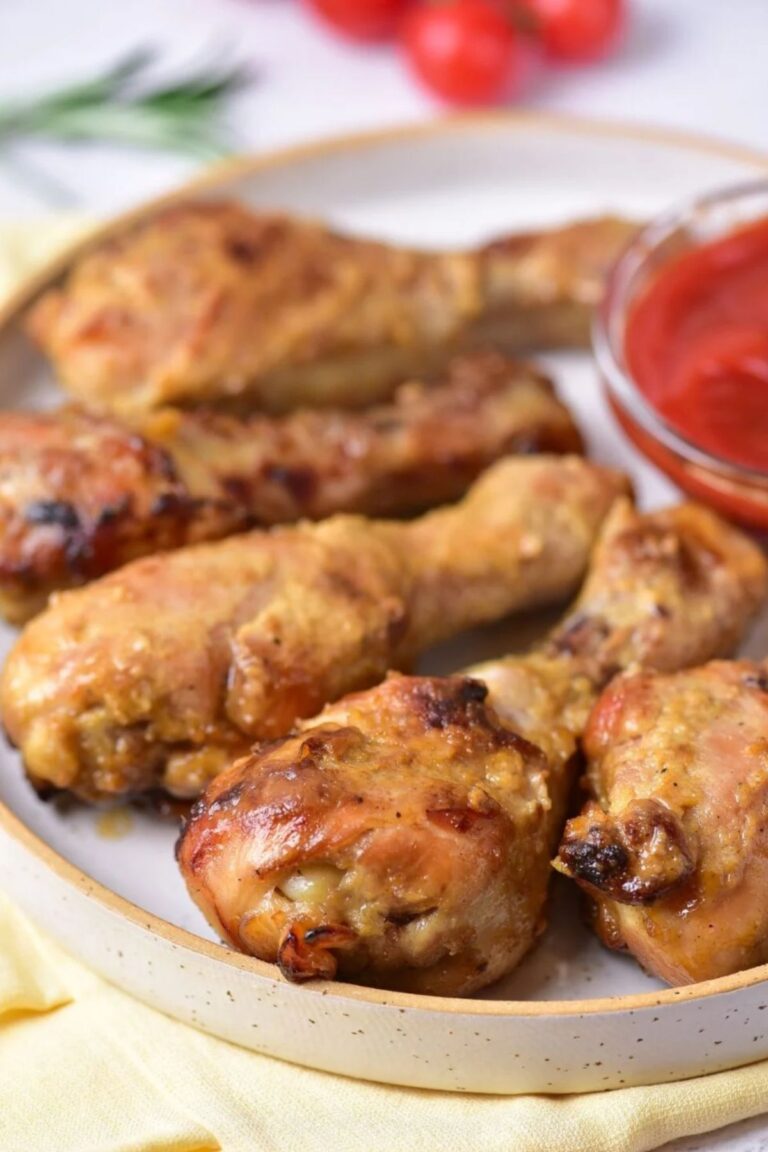 Baked drumsticks on a white plate with ketchup.