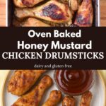 Two images with text between them the top of chicken legs in a roasting pan the other won a plate with sauce.