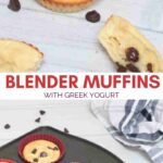 Two images of yogurt blender muffins the top of the muffins and the bottom of them in a muffin tin with text between the images.