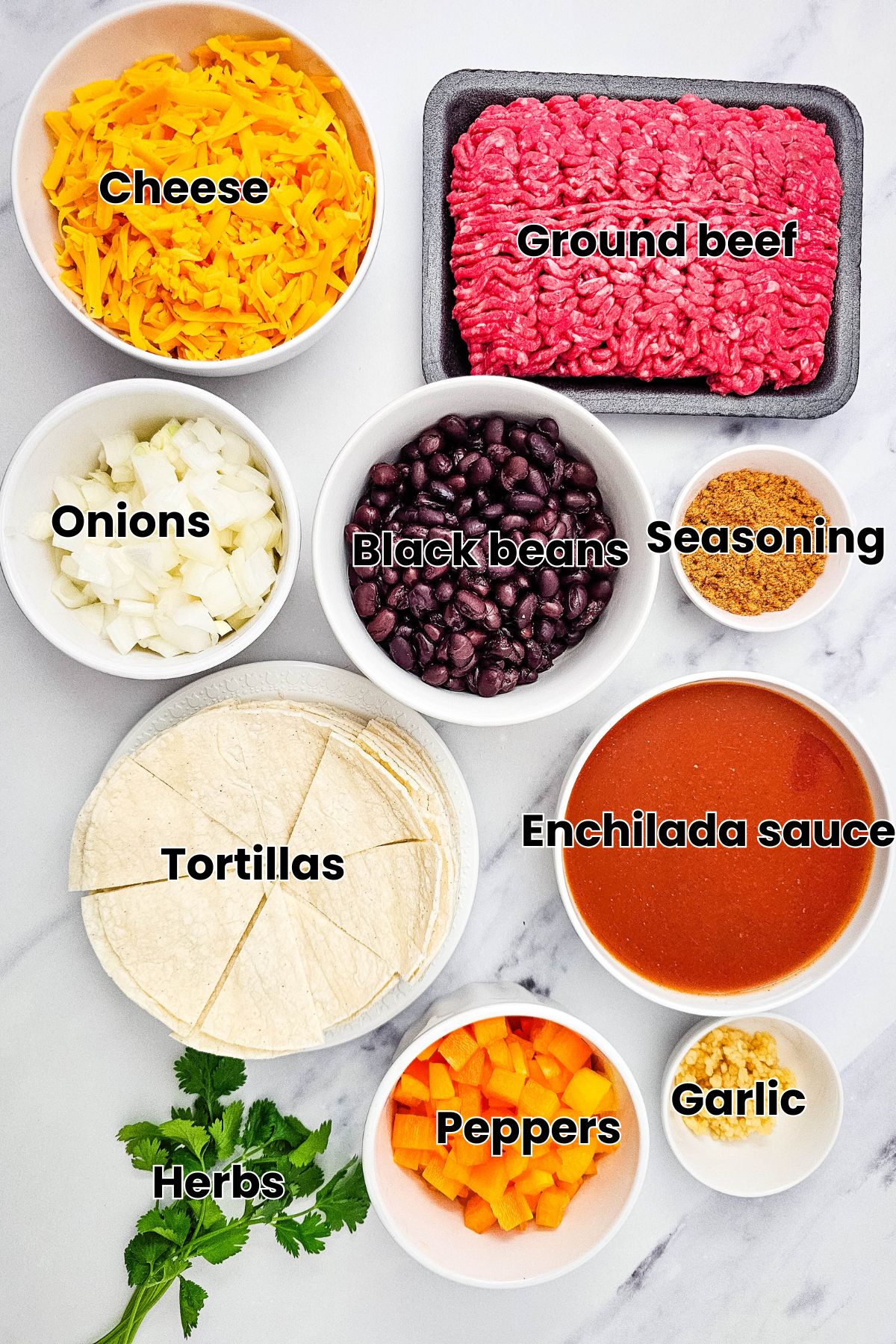 Multiple ingredients like enchilada sauce, beans, vegetables, and ground beef in bowls with text over top of them.