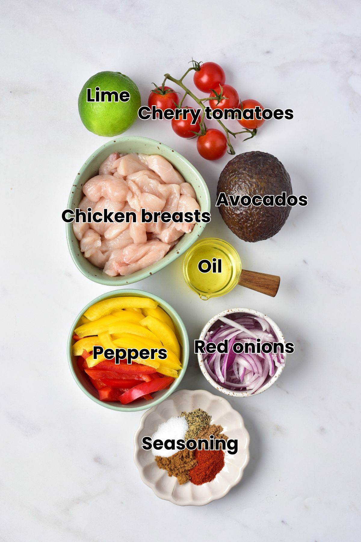 Ingredients like raw chicken, onions, seasoning, and peppers in bowls with text on the image.