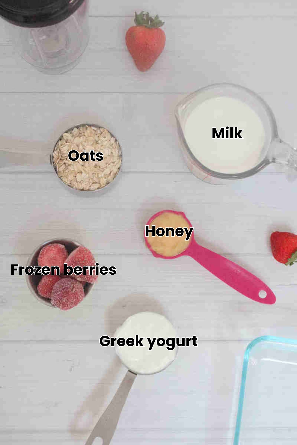 Multiple ingredients like honey, yogurt, oats, and berries with labels over top.