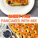 Two images with text between them the top of a berry pancake on a plate and the bottom of the pancake on a sheet pan.