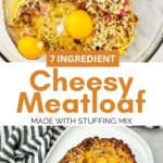 Two images, the top of a bowl with raw ground beef, salsa, and egg and the bottom of a cheesy salsa meatloaf with text between the images.