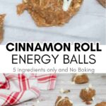 Two images of no bake cinnamon roll balls with white chocolate on top and text between the images.