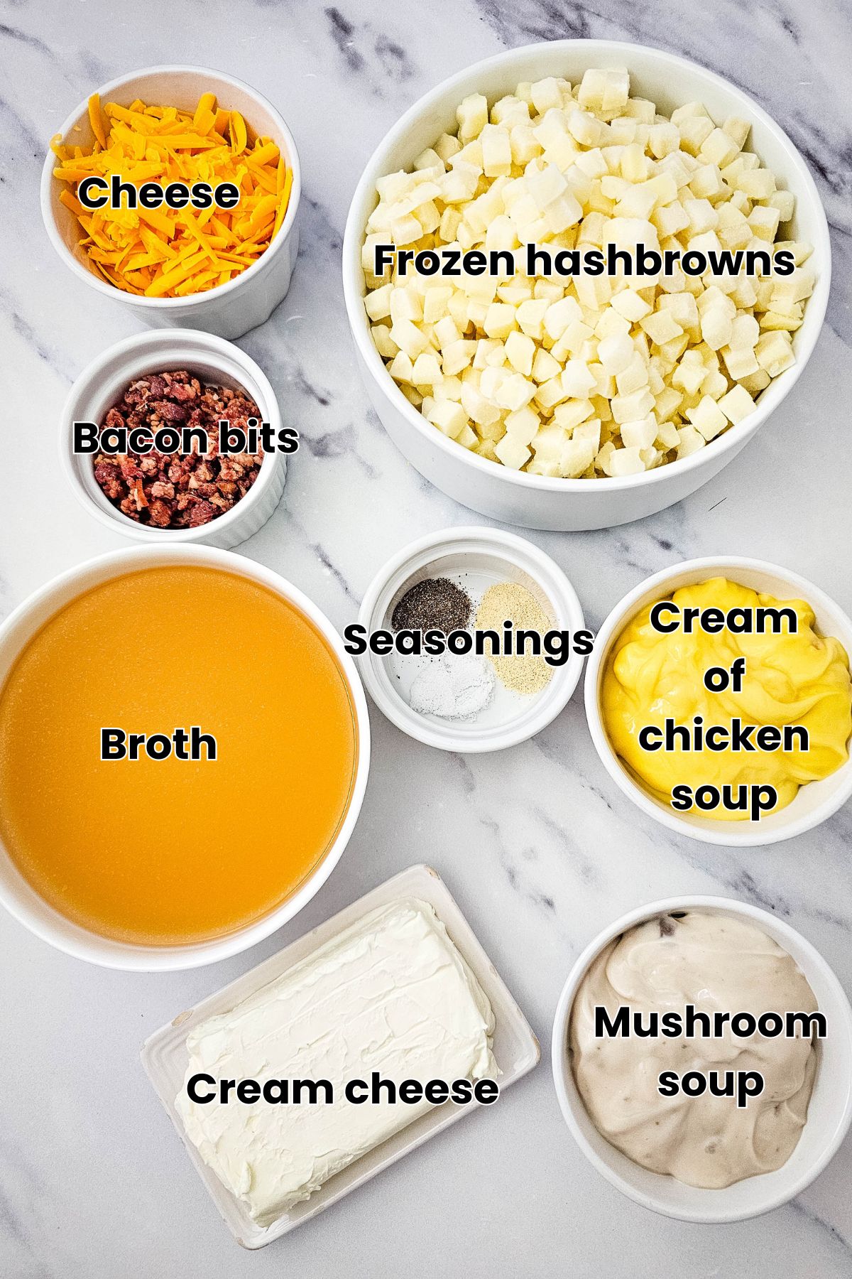 Multiple ingredients like frozen hashbrowns, broth, seasonings, and bacon in bowls with text labels over the top.
