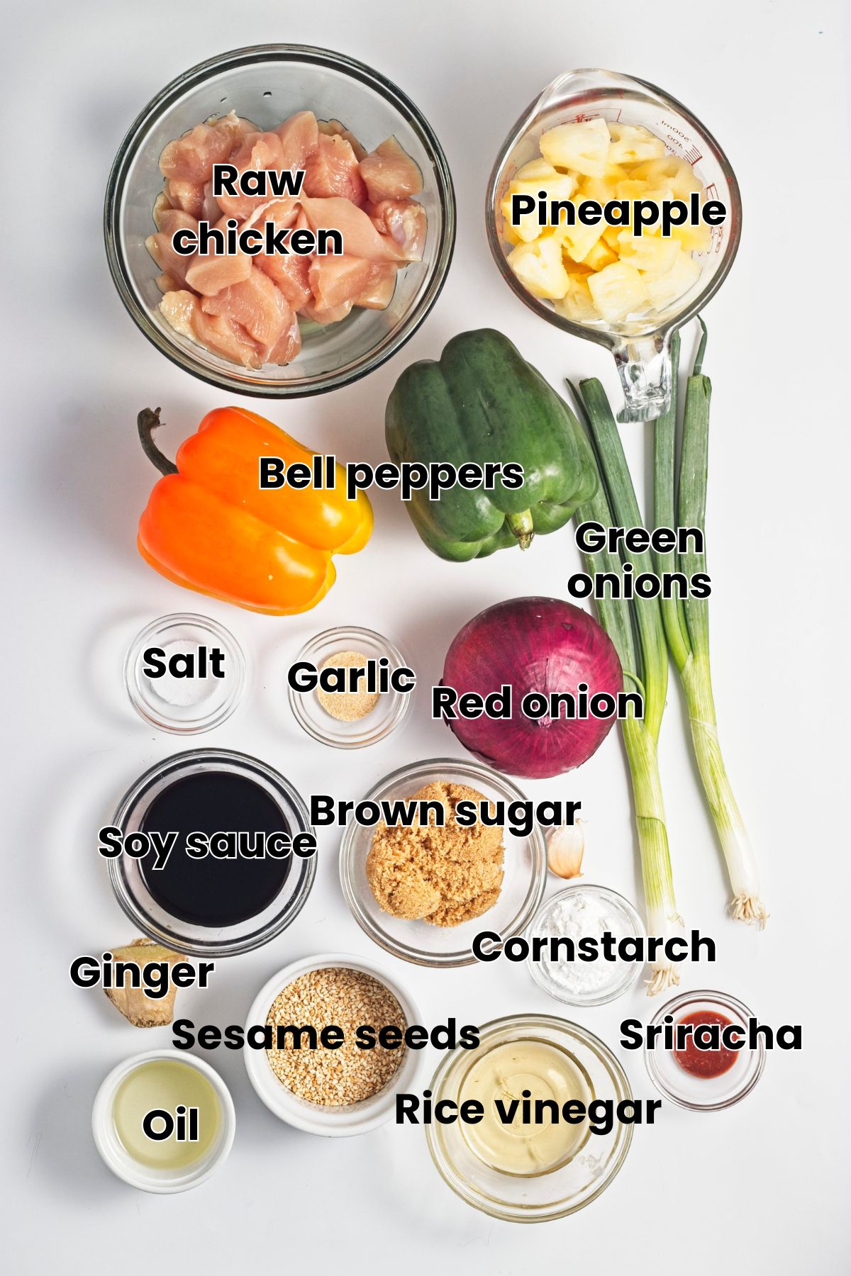 Multiple ingredients like bell peppers, pineapple, chicken, and seasonings all with text labels over the top.