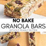Two images of no bake granola bars without peanut butter on parchment paper and text between the images.